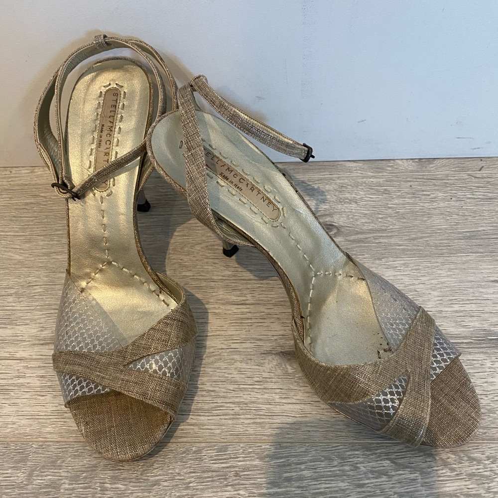 Stella McCartney Metallic Fishnet Acrylic Heels, Size 38